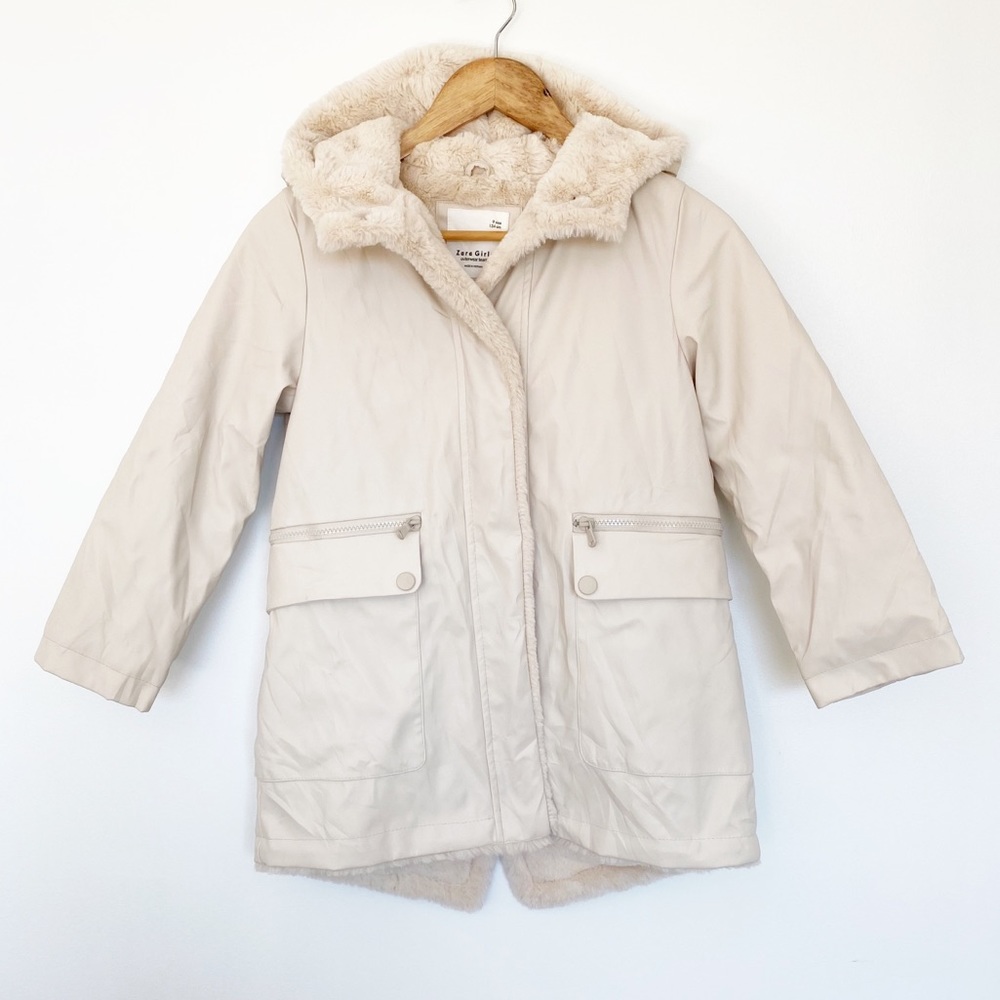 Zara Girls Neutral Fur Lined Coat